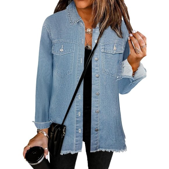 Women's Oversized Jean Jacket Long Sleeve Denim Distressed Frayed Hem Blue